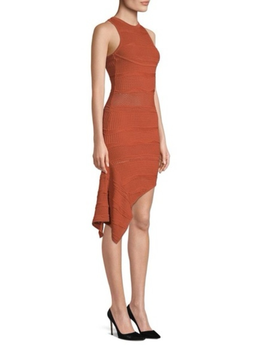 Ronny Kobo Asymmetric Ribbed Knit Dress in Rust